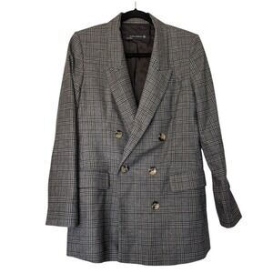 Zara Woman Double Breasted Plaid Blazer Gray Black & White